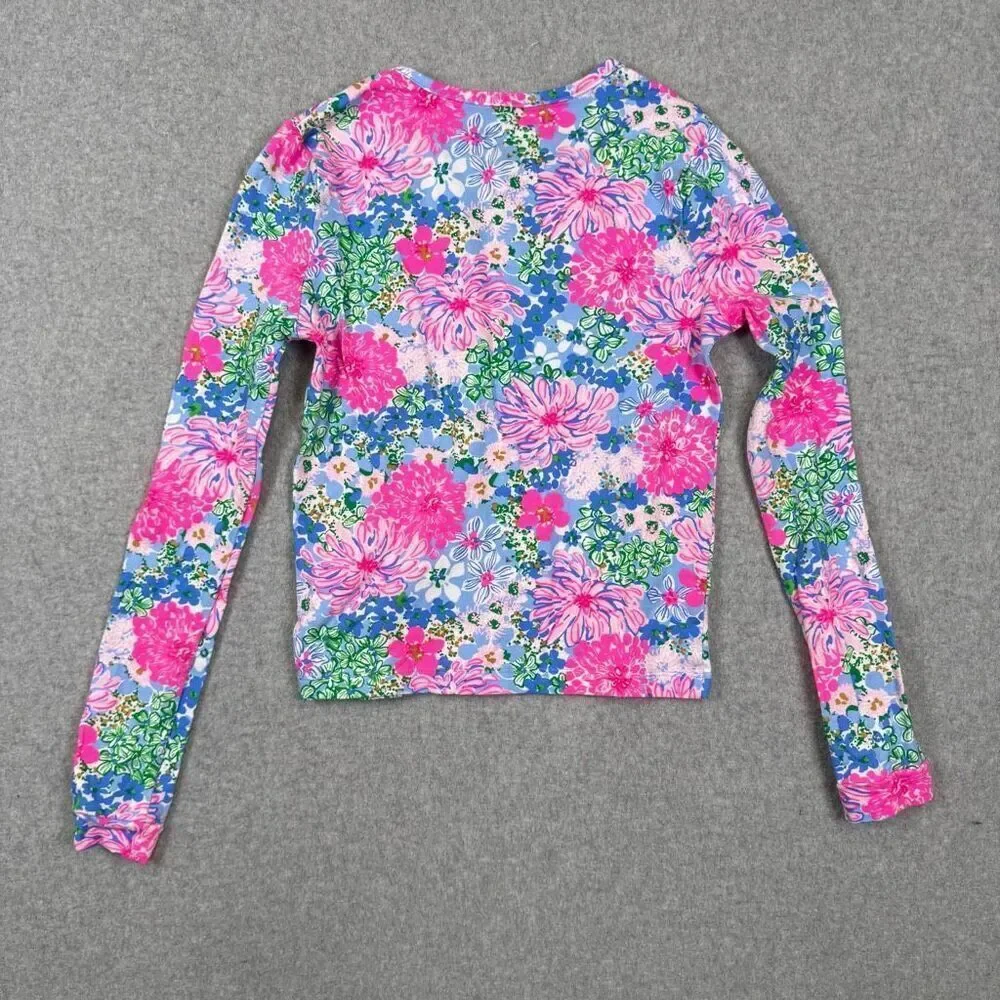 Lilly Pulitzer Girls Size 14 Floral Print Long Sleeve Tee T Shirt Pink Blue